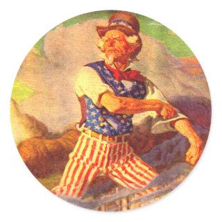 1940s heroic Uncle Sam rolls up his sleeves Classic Round Sticker