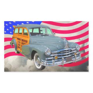 1948 Pontiac Silver Streak Woody And US Flag Rectangular Sticker