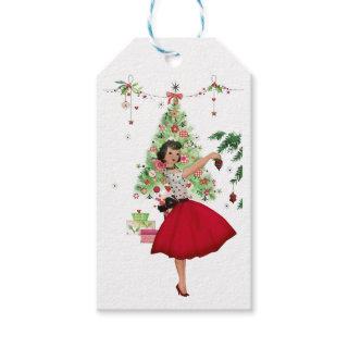 1950 Christmas Woman with Christmas Tree Gift Tags