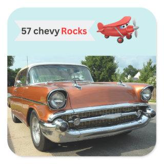 1957 classic chevy car and airplane  square sticker