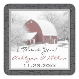 1.5" Sq. Red Barn in Winter Wedding Favor Sticker