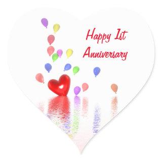 1st Anniversary Red Heart and Balloons Heart Sticker