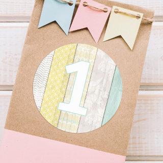 1st Birthday Mint & Yellow Rustic Wood Geometric Classic Round Sticker