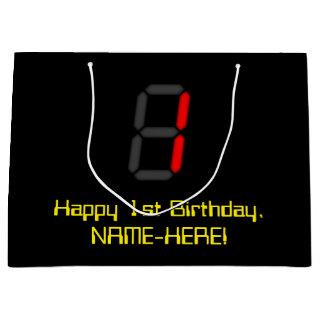 1st Birthday: Red Digital Clock Style "1" + Name Large Gift Bag