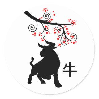 2021 Chinese New Year Ox and Red Blossoms Classic Round Sticker