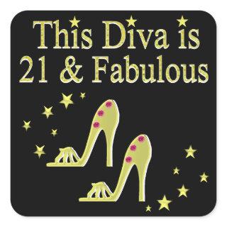 21 AND FABULOUS GOLD SHOE QUEEN DESIGN SQUARE STICKER