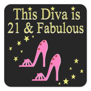 21 AND FABULOUS PINK SHOE QUEEN DESIGN SQUARE STICKER