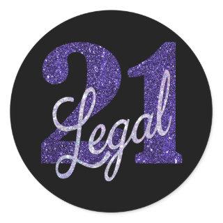 21 and Legal | Purple Faux Glitter 21st Birthday Classic Round Sticker