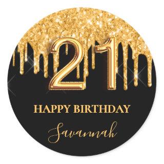 21st birthday black gold glitter balloon party classic round sticker