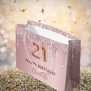 21st birthday blush pink glitter drips monogram large gift bag