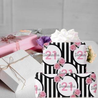 21st birthday chic pink roses black white stripes