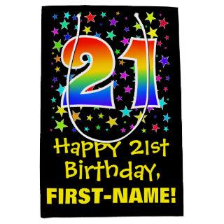 21st Birthday: Colorful Stars Pattern & Rainbow 21 Medium Gift Bag