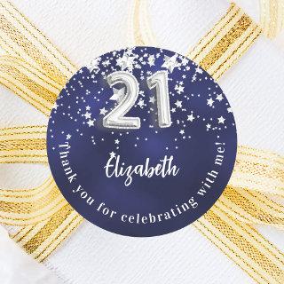 21st birthday navy blue silver stars classic round sticker