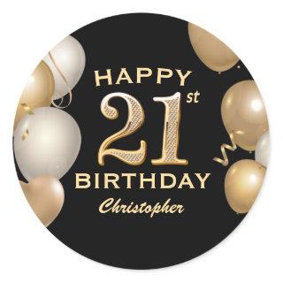 21st Birthday Party Black and Gold Balloons Classic Round Sticker