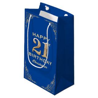 21st Birthday Party Blue and Gold Glitter Frame Small Gift Bag
