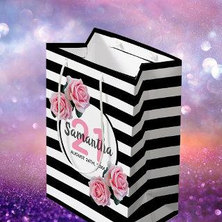 21st birthday pink roses black white stripes name medium gift bag