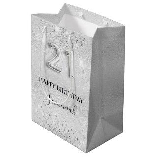 21st birthday silver glitter sparkles monogram medium gift bag