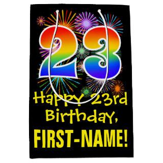 23rd Birthday: Fun Fireworks Pattern + Rainbow 23 Medium Gift Bag