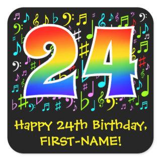 24th Birthday: Colorful Music Symbols, Rainbow 24 Square Sticker