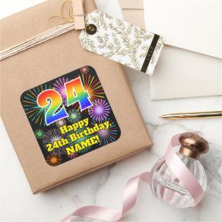 24th Birthday: Fun Fireworks Look, Rainbow # 24 Square Sticker