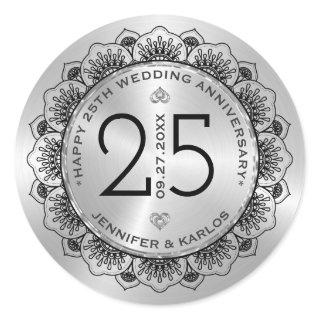 25th wedding anniversary black lace & silver classic round sticker