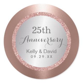 25th Wedding Anniversary Modern Rose Gold Silver Classic Round Sticker
