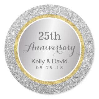 25th Wedding Anniversary Modern Silver Glitter Classic Round Sticker