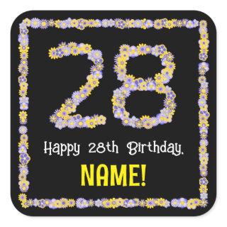28th Birthday: Floral Flowers Number, Custom Name Square Sticker
