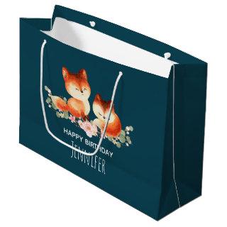 2 Cute Little Red Foxes Watercolor Design Birthday Large Gift Bag