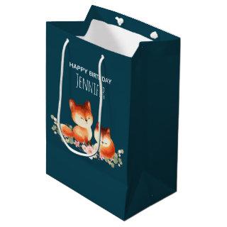 2 Cute Little Red Foxes Watercolor Design Birthday Medium Gift Bag