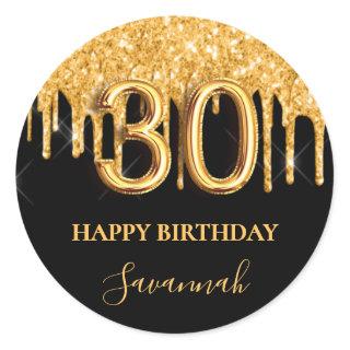30th birthday black gold glitter balloon party classic round sticker