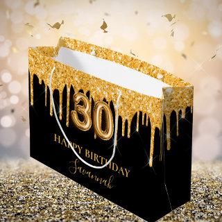 30th birthday black gold glitter drips name large gift bag