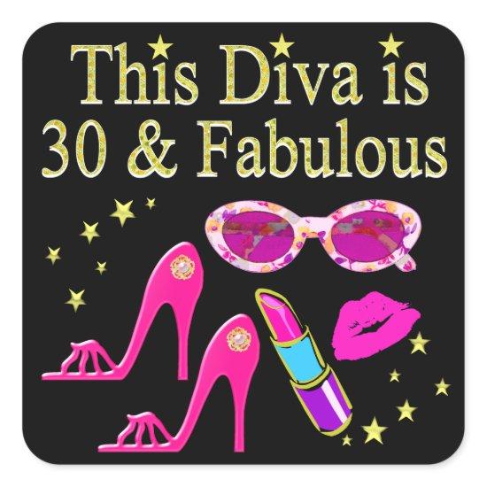 30TH BIRTHDAY DAZZLING DIVA DESIGN SQUARE STICKER