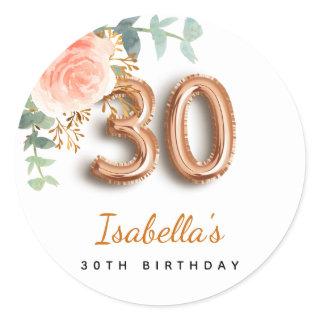 30th birthday floral rose gold eucalyptus monogram classic round sticker