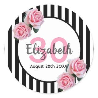 30th birthday pink roses black white stripes name classic round sticker