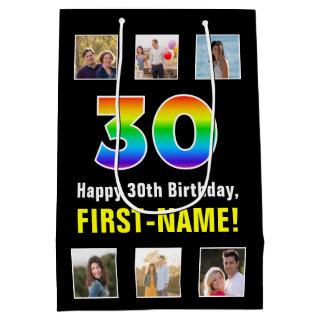 30th Birthday: Rainbow “30“, Custom Photos & Name Medium Gift Bag