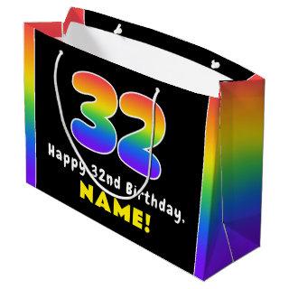 32nd Birthday: Colorful Rainbow # 32, Custom Name Large Gift Bag
