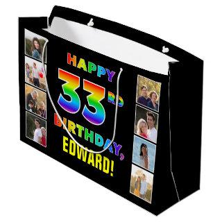 33rd Birthday: Rainbow Text, Custom Photos & Name Large Gift Bag
