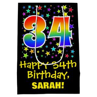 34th Birthday: Colorful Stars Pattern & Rainbow 34 Medium Gift Bag