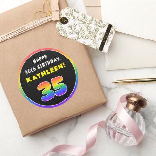 35th Birthday: Colorful Rainbow # 35, Custom Name Classic Round Sticker