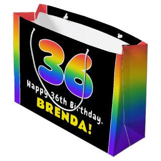 36th Birthday: Colorful Rainbow # 36, Custom Name Large Gift Bag