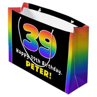39th Birthday: Colorful Rainbow # 39, Custom Name Large Gift Bag