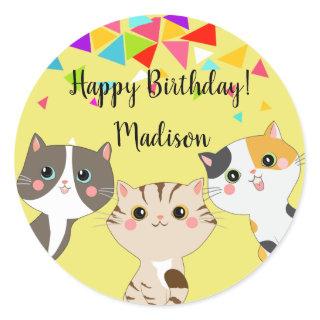 3 Adorable Kitty Happy Birthday Classic Round Sticker