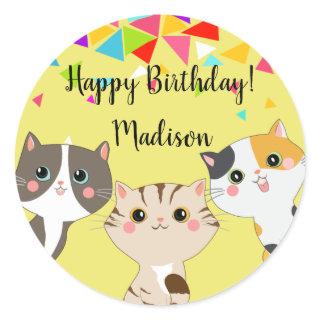 3 Adorable Kitty Happy Birthday Classic Round Sticker