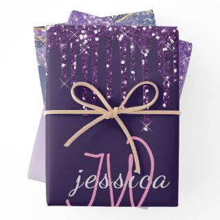 3 Color Chic Monogram Girly  Purple Glitter Drips   Sheets
