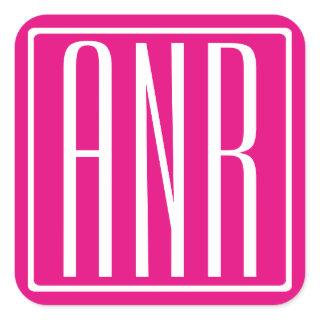 3 Initials Monogram | White On Hot Pink Square Sticker