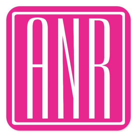 3 Initials Monogram | White On Hot Pink Square Sticker