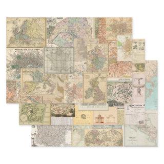 3 Map & Garden Document Collage Ephemera Sheets