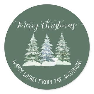 3 Pine Trees Rustic Sage Green Merry Christmas Classic Round Sticker
