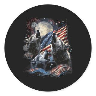 3 Wolf Moon 4th Of July American Flag Howling Amer Classic Round Sticker